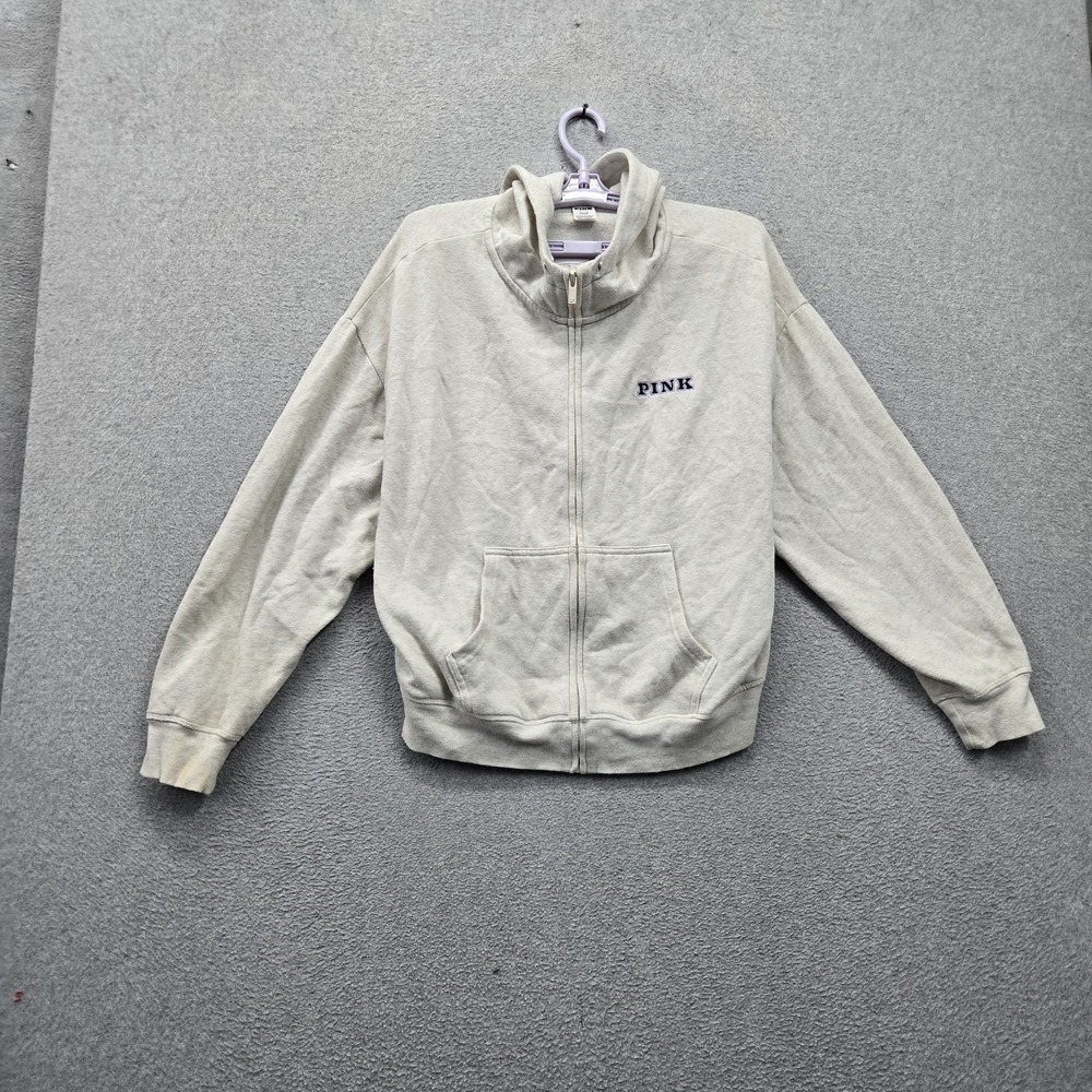 PINK Victoria's Secret Women Hoodie S Light Gray Embroidered Fleece